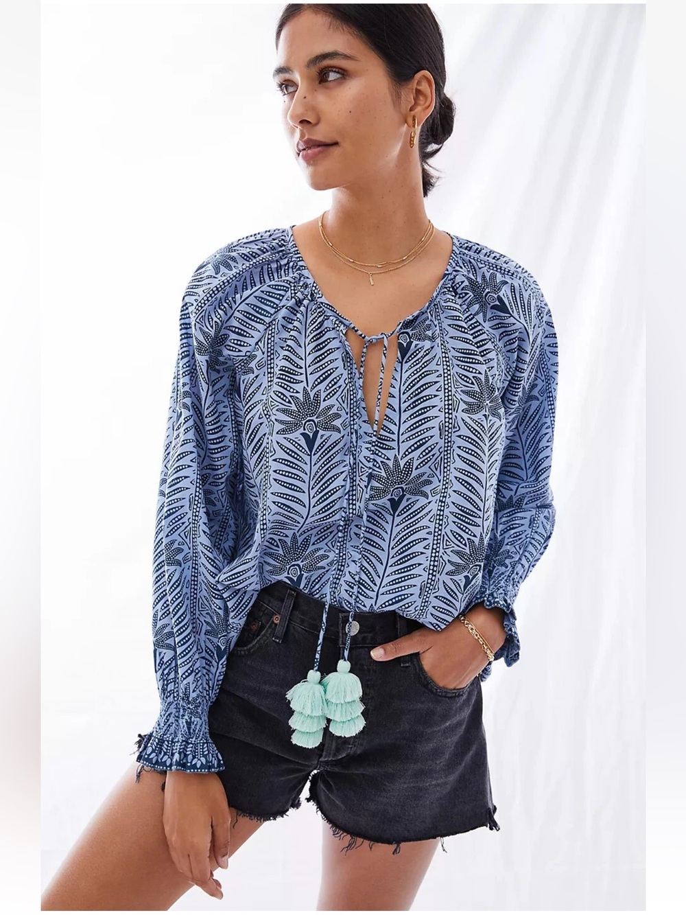 Anthropologie x Omika Tasseled Peasant Blouse floral smocking cotton airy S